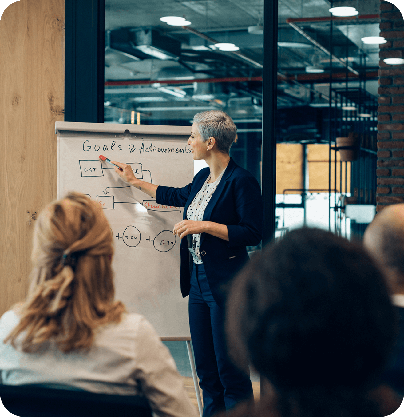 Person presenting at a business meeting.
